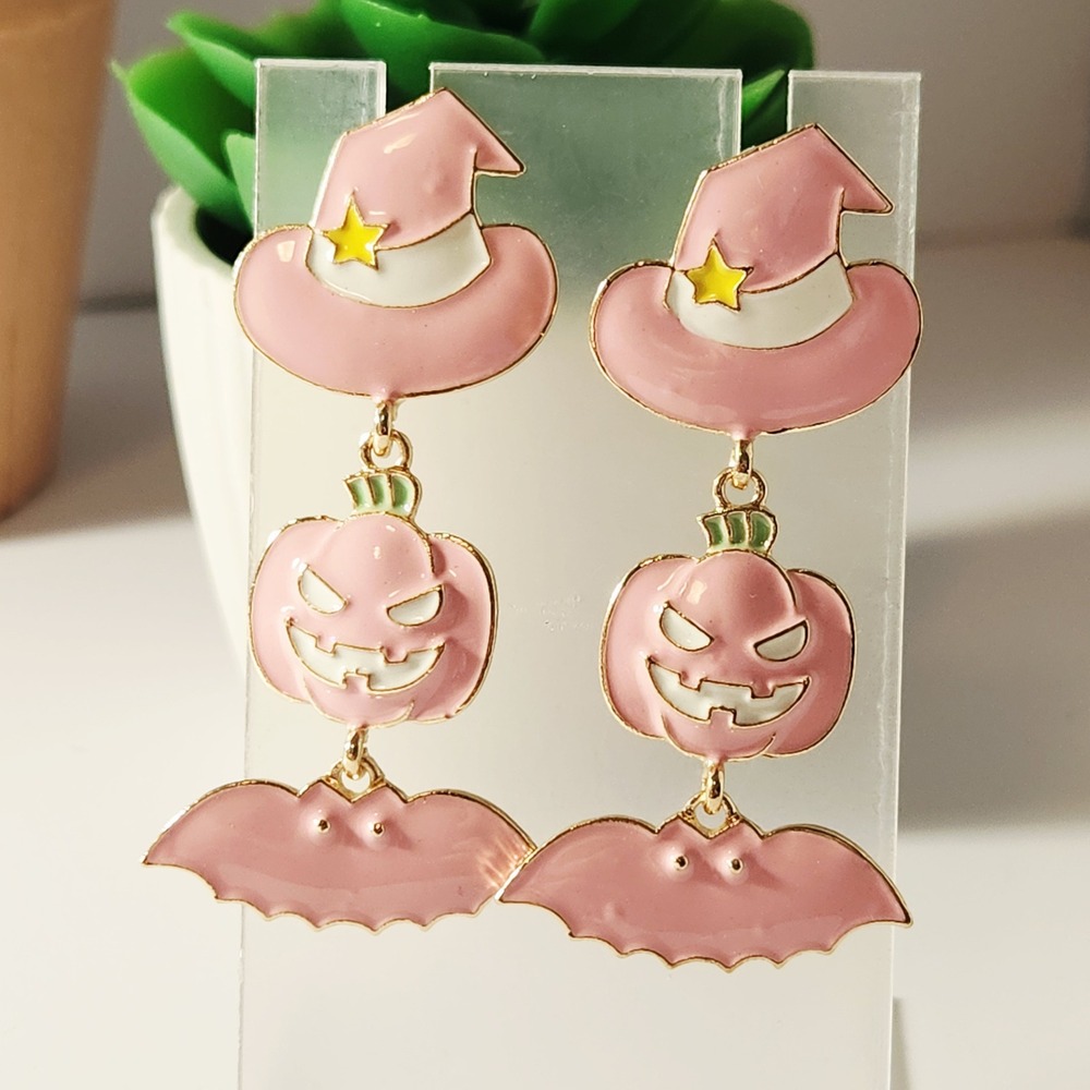 Pink Halloween Enamel Dangle Earrings Witch Hat‎ Pumpkin Bat Pastel Goth Spooky